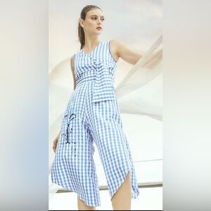 Plains & Prints Blue & White Gingham Embroidered Sleeveless Knee Length Jumpsuit